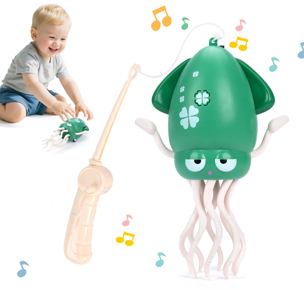 Un enfant interagit avec un jouet escargot interactif dansant, vert avec des tentacules rose pâle.