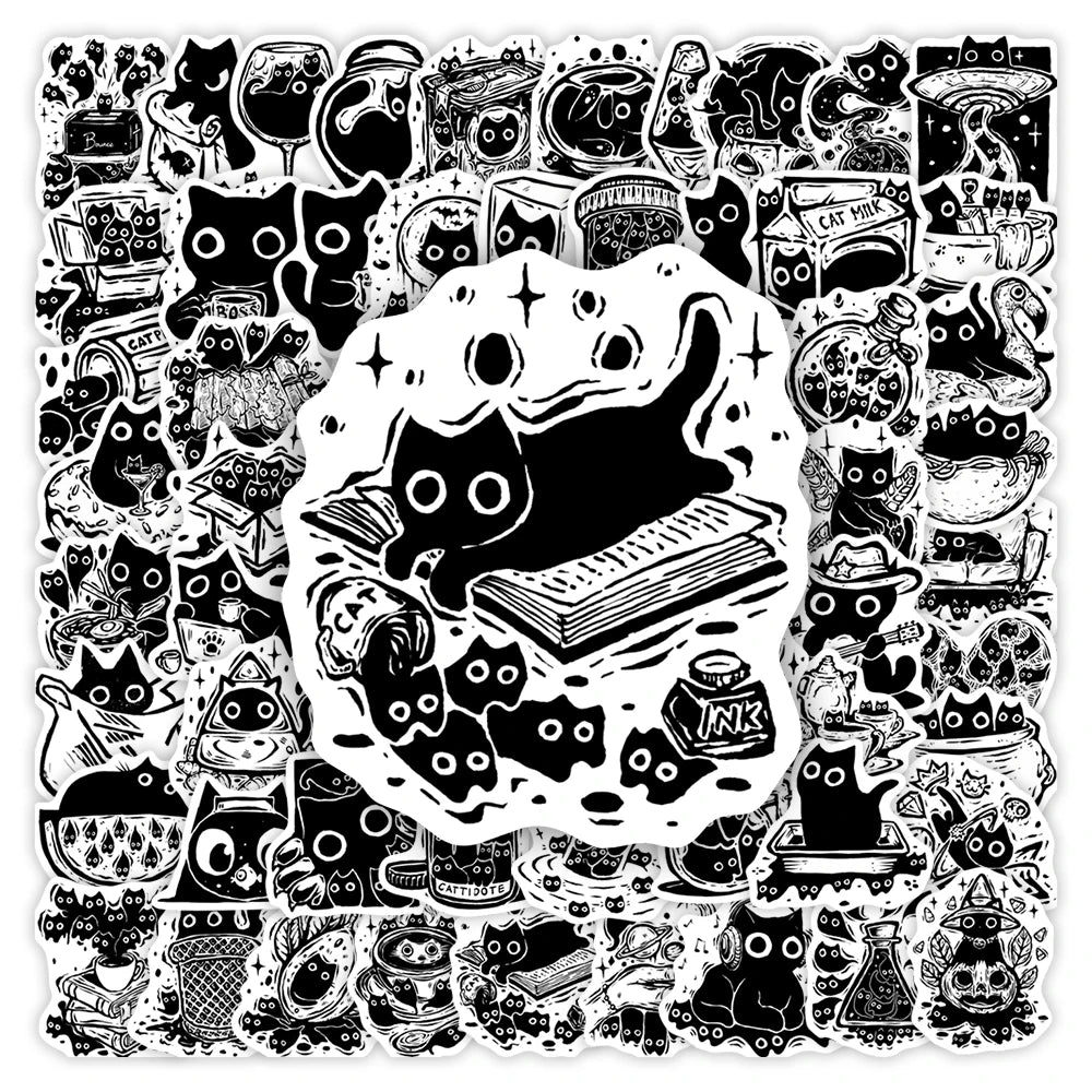 A collection of black cat themed stickers featuring various cats and related designs.