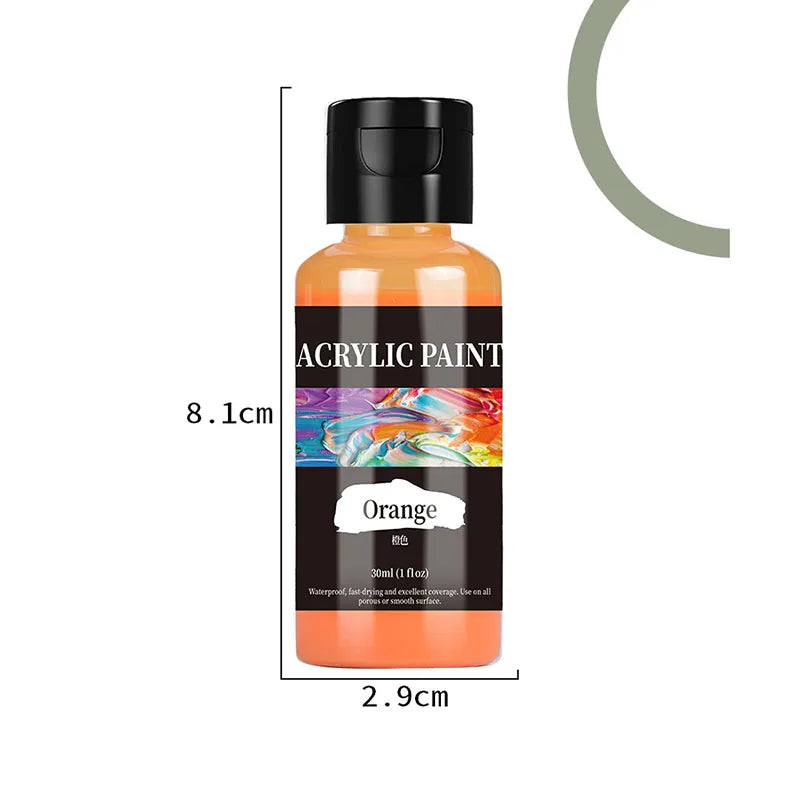 A bottle of orange acrylic paint with a black cap and label, showing the size dimensions.