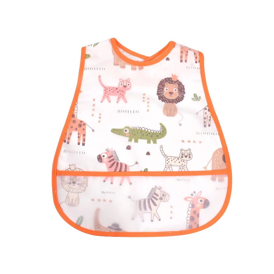A pink and white cartoon pattern waterproof baby bib for toddlers featuring various animals like lions, zebras, and giraffes.