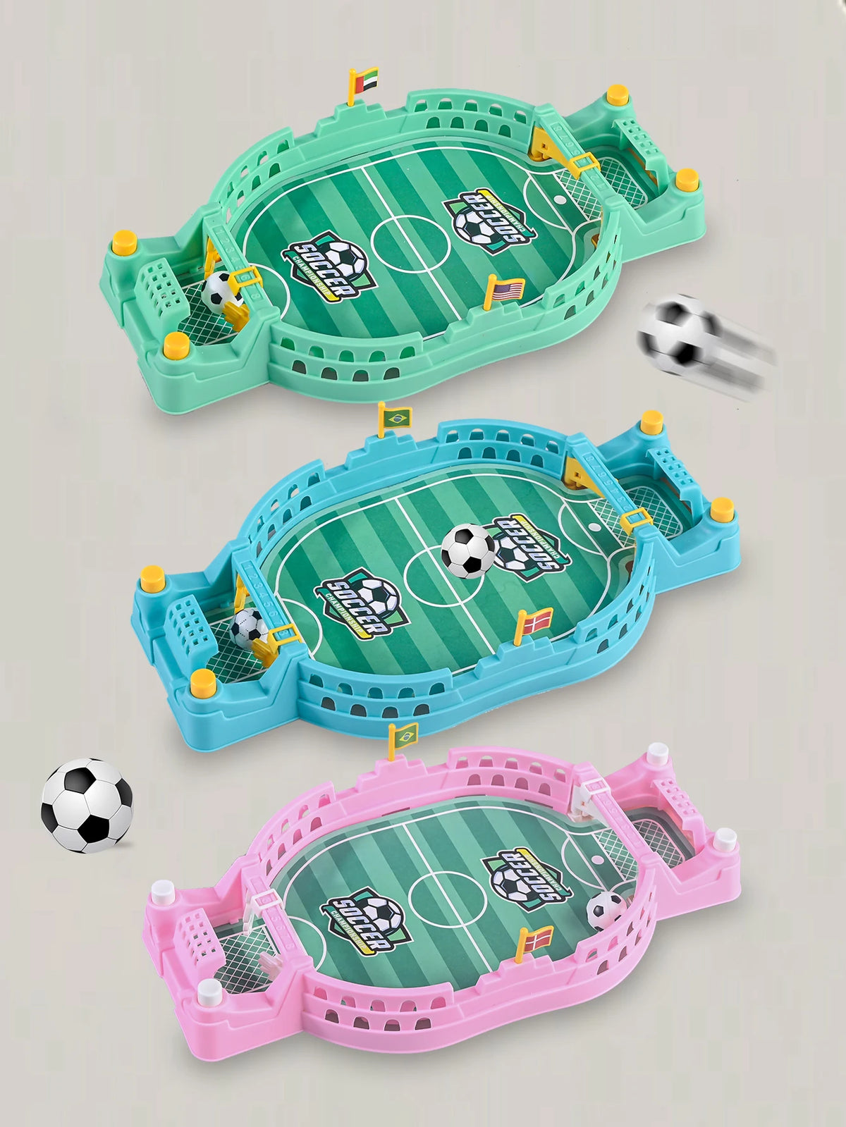 Three versions of a compact tabletop foosball game for kids and adults in green, blue, and pink.