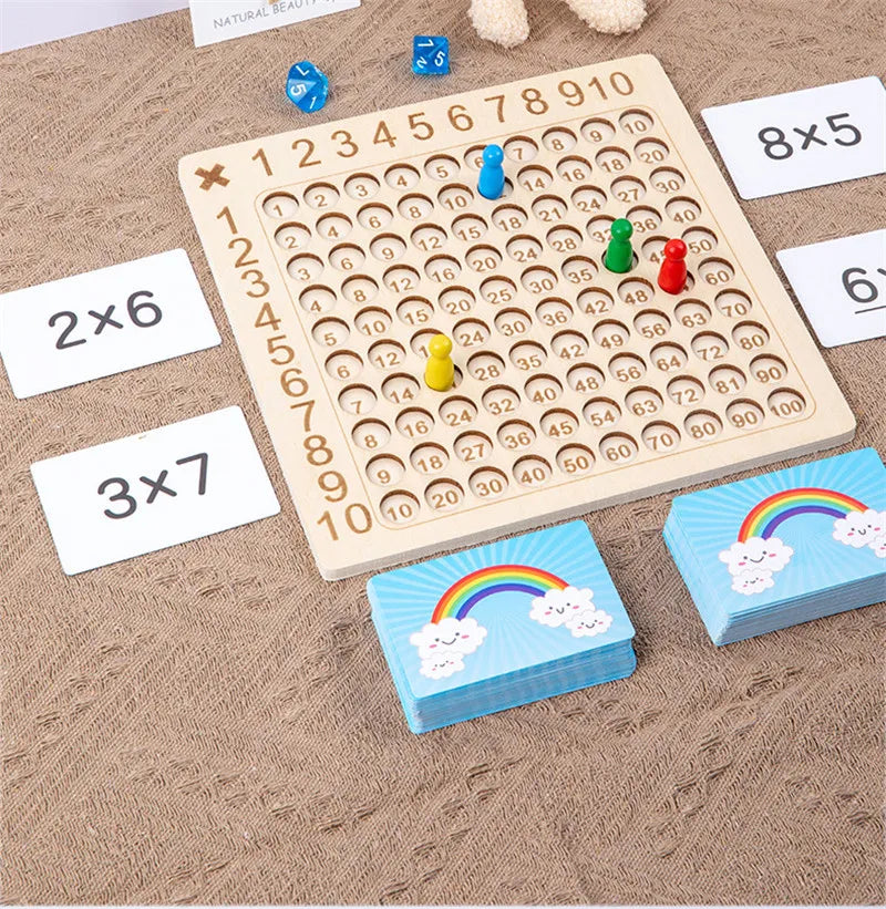 A wooden multiplication board game with numbered cells and colored pegs is displayed on a brown fabric.