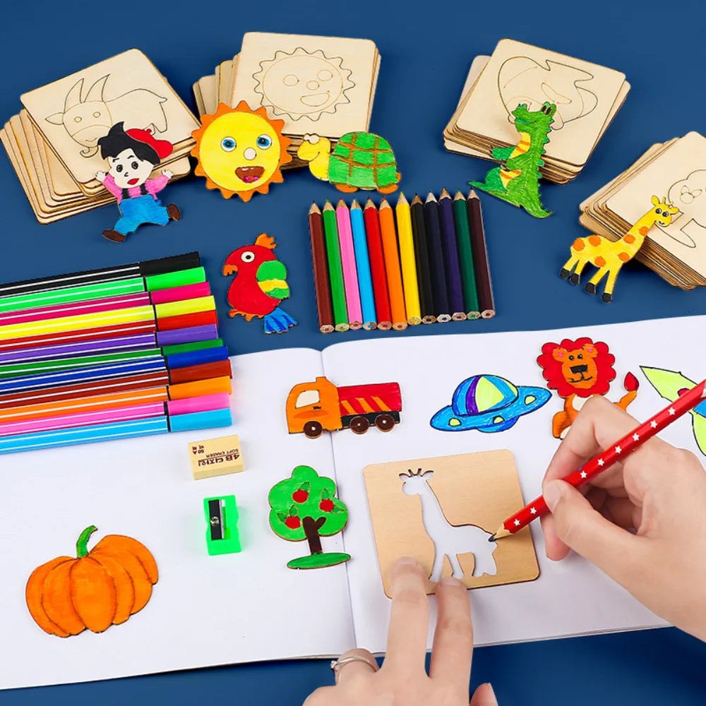 Montessori Wooden Drawing Stencils Set for Kids - 20pc Creative Painting Templates