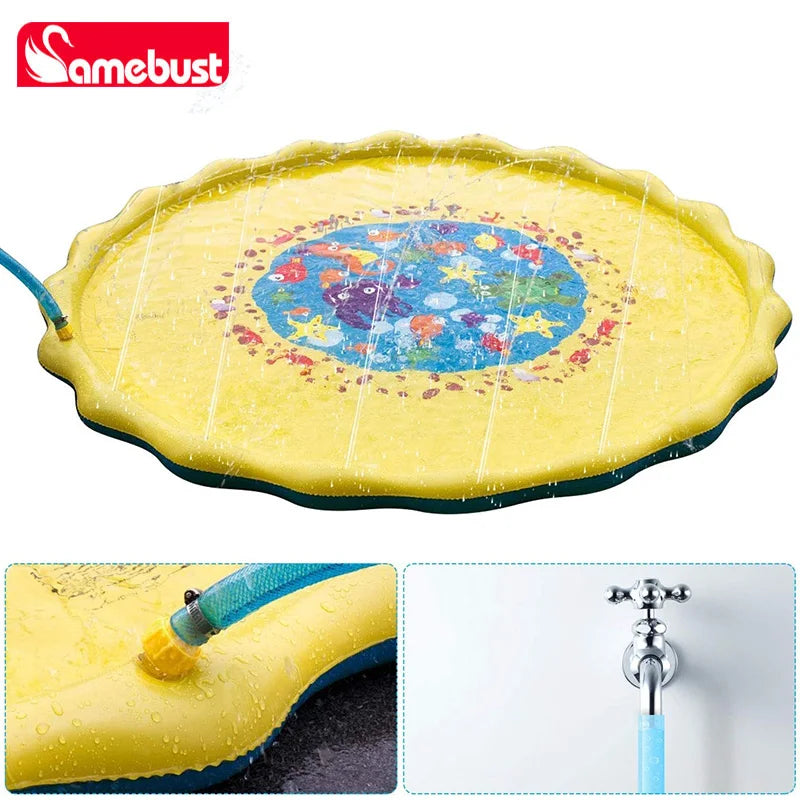 Yellow inflatable play mat with a colorful design and a blue water nozzle