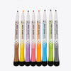 A set of ten white board markers in various colors, including yellow, purple, and green, standing upright.