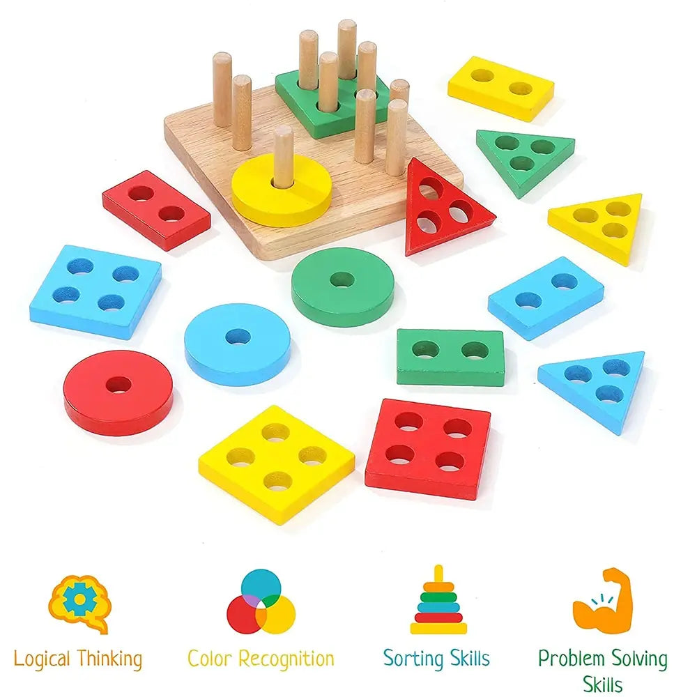 Wooden Shape Sorter & Stacking Toy for Toddlers