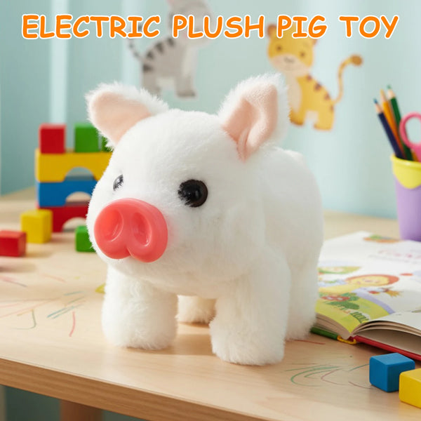 A white electric plush pig toy with pink features sitting on a wooden table.