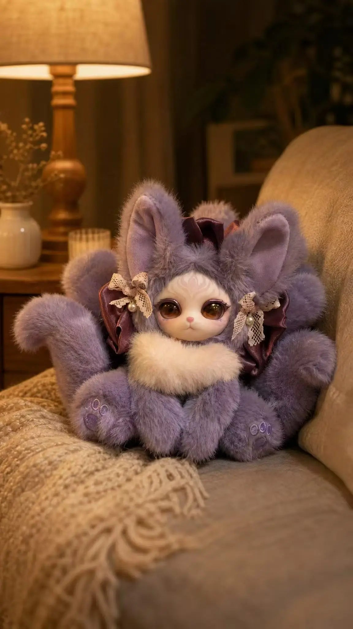 A fluffy purple fox plush collectible with white accents sitting on a beige sofa next to a lamp.