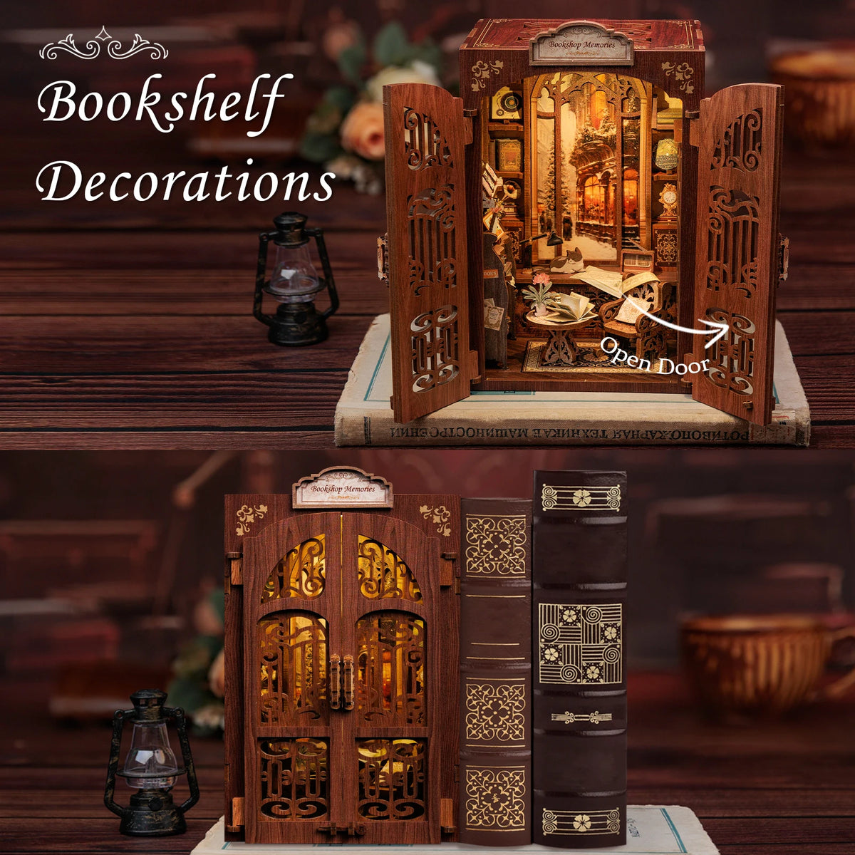 A wooden miniature book nook kit featuring an open door display and decorative elements.