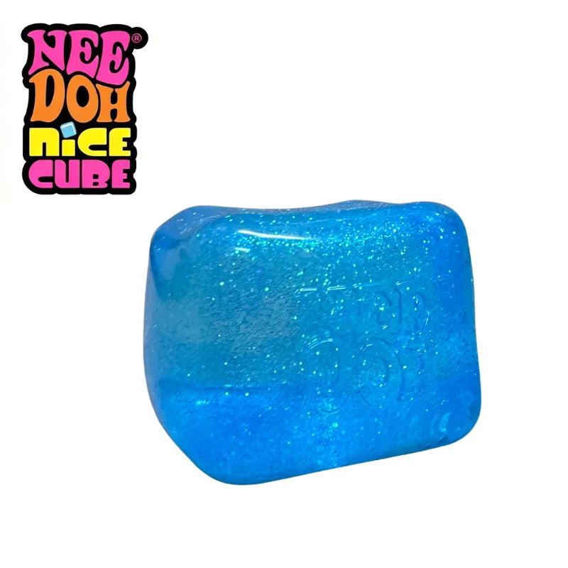 A translucent blue glitter ice cube sensory fidget toy.
