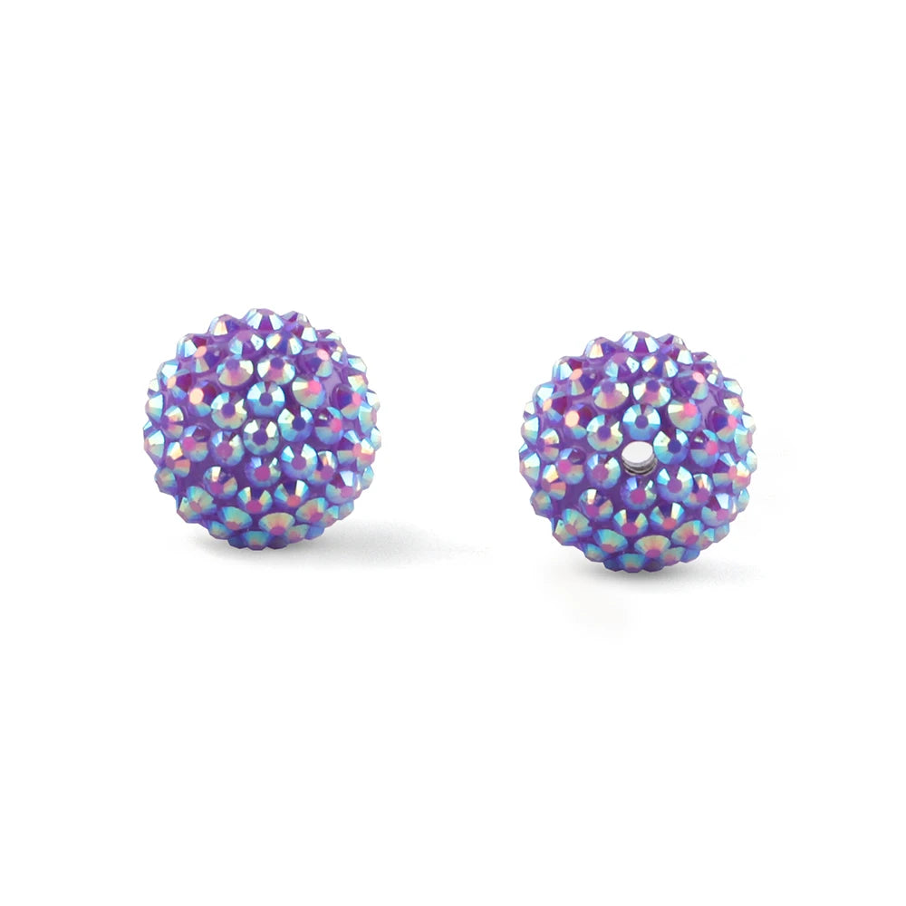 A close-up view of a purple rhinestone resin bayberry ball bead.