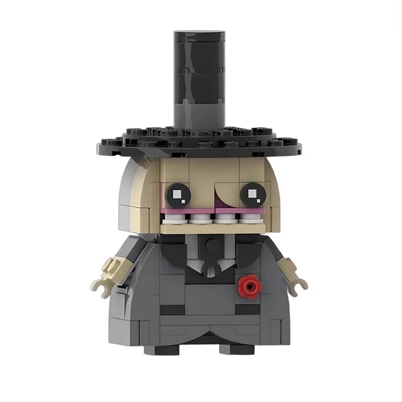 A building block set depicting a haunted house character with a tall tower and a stylized face.