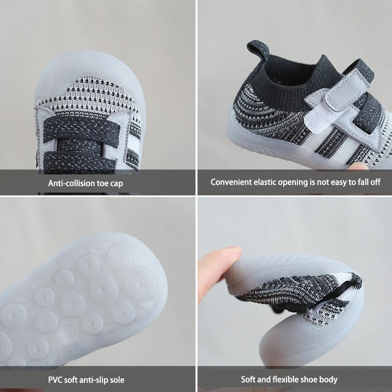 Close-up views of a toddler walking shoe showing the anti-collision toe cap, elastic opening, PVC sole, and soft flexible sho