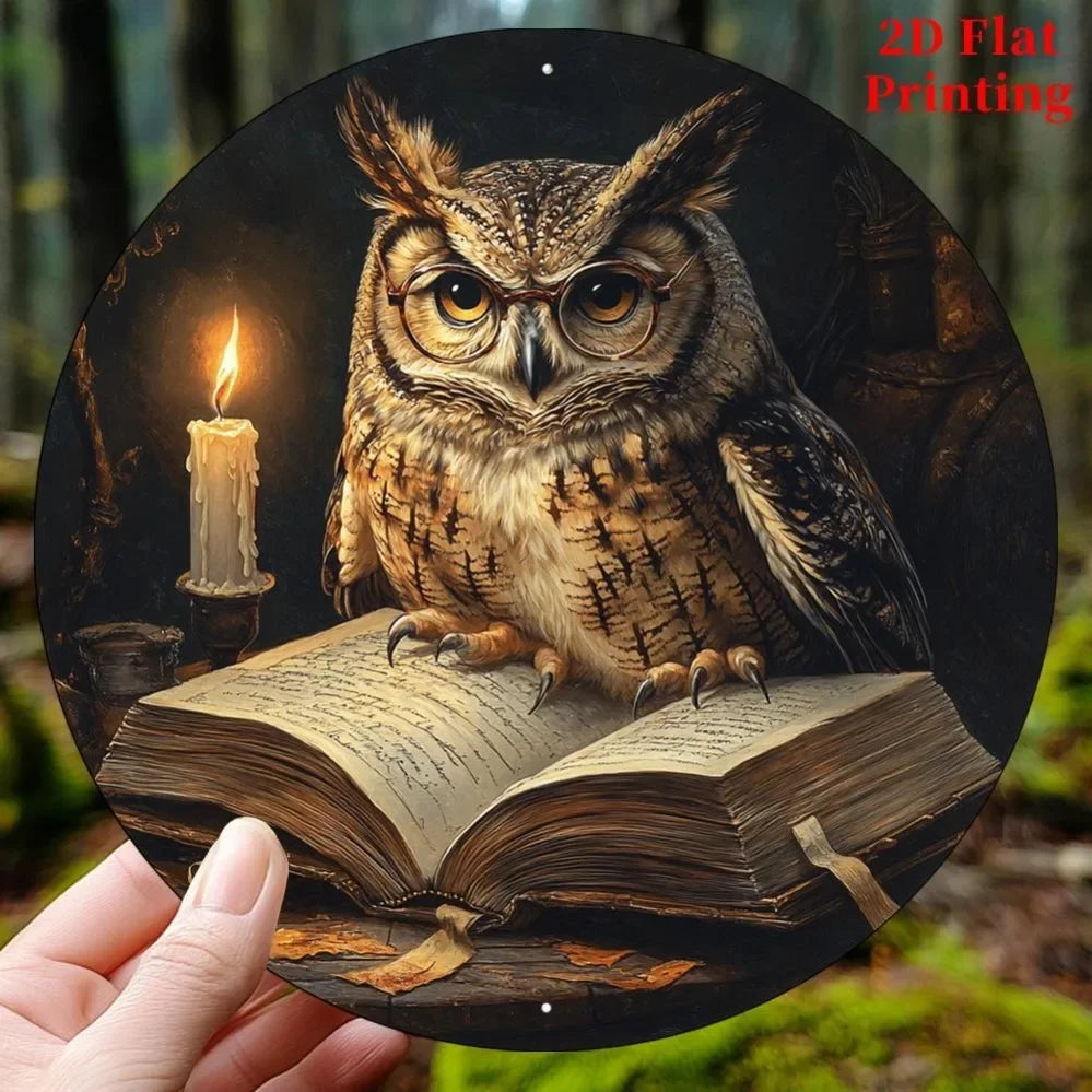 A rustic aluminum owl sitting on an open book, displayed as a 2D flat printing wall sign.