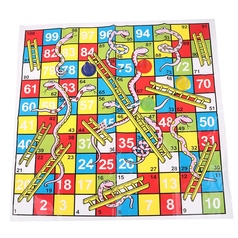 A colorful Snakes and Ladders board game featuring a grid with numbered squares and winding paths.