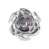 A silver metal spinning top with a clear center featuring an aggressive dragon design.