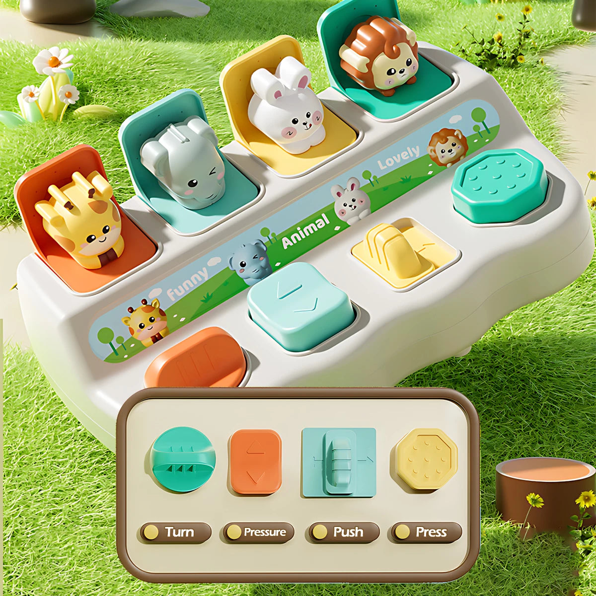 A white Montessori pop-up animal toy set featuring various animals in colorful trays and a control panel.