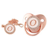 Rose gold bling baby pacifier clip with silicone holder featuring a decorative letter O