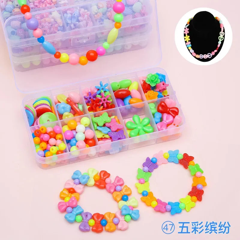 A set of colorful polymer clay bead jewelry making kit with various beads and a finished bracelet.
