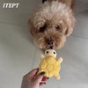 A hand holds a yellow mini turtle plush chew toy for puppies against a light background.