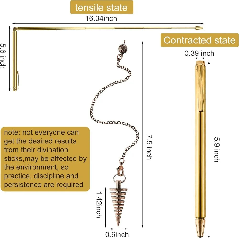 A set of pure copper dowsing rods shown in tensile and contracted states with various lengths.