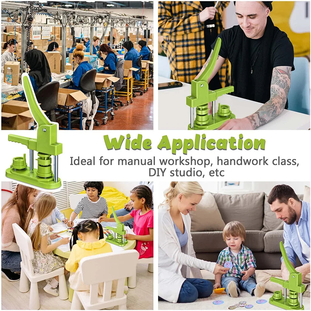 A green DIY pin badge button making kit is shown being used in various contexts including a workshop and a home setting.