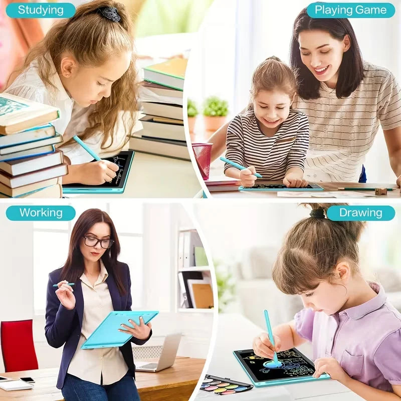 A collection of images showing children and adults using an 8.5-inch LCD drawing tablet for various activities like studying,