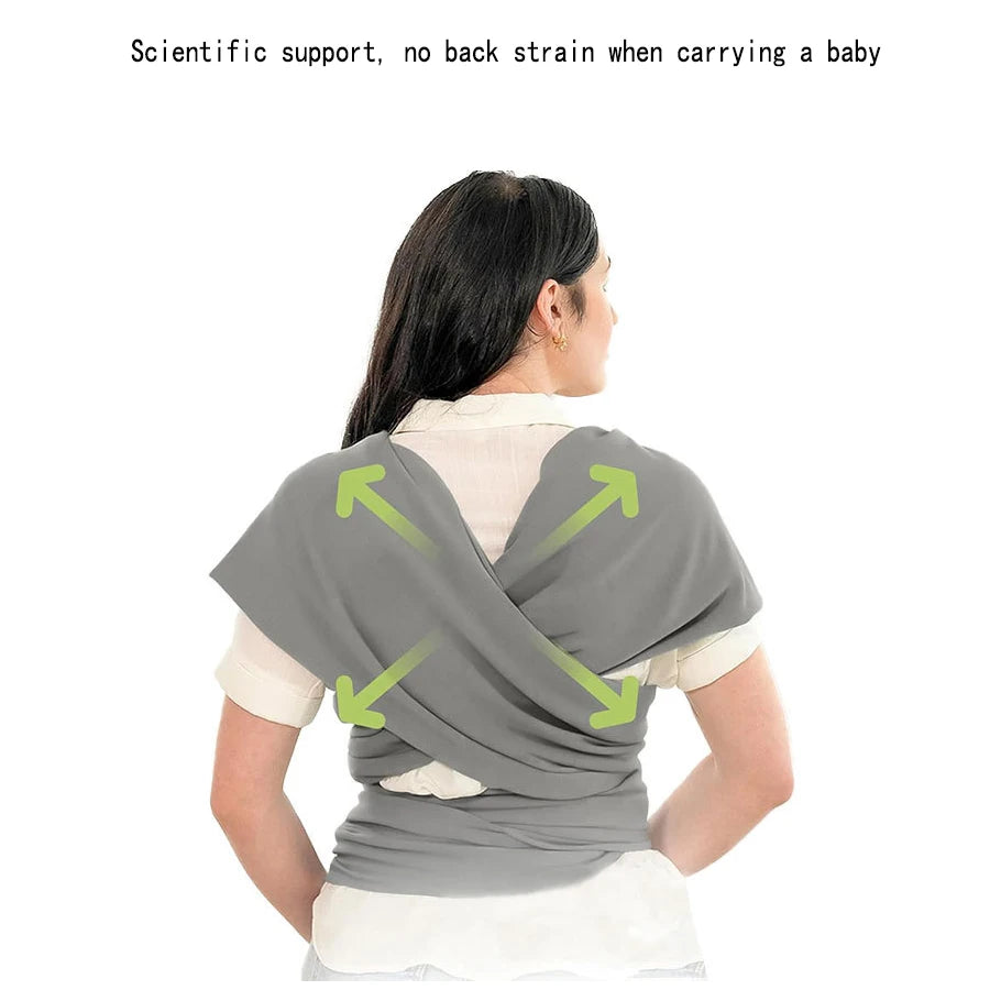 A woman is demonstrating a knitted fabric multi-functional baby carrier, showing its supportive design.