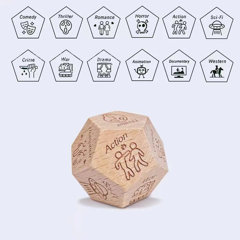 A set of ten hexagonal dice icons representing various movie genres and genres.