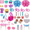 A collection of pink and blue doll feeding and care accessories including bowls, spoons, and various tools.