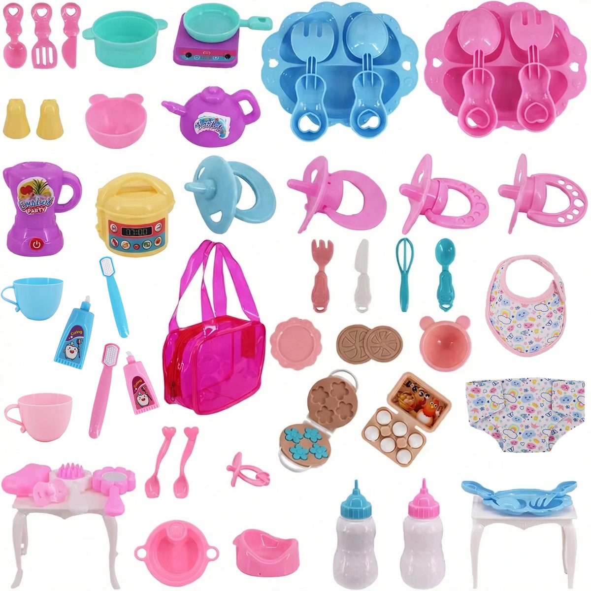 A collection of pink and blue doll feeding and care accessories including bowls, spoons, and various tools.