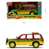 A diecast collectible model of a Jurassic Park themed Ford Explorer tour vehicle in green and yellow.