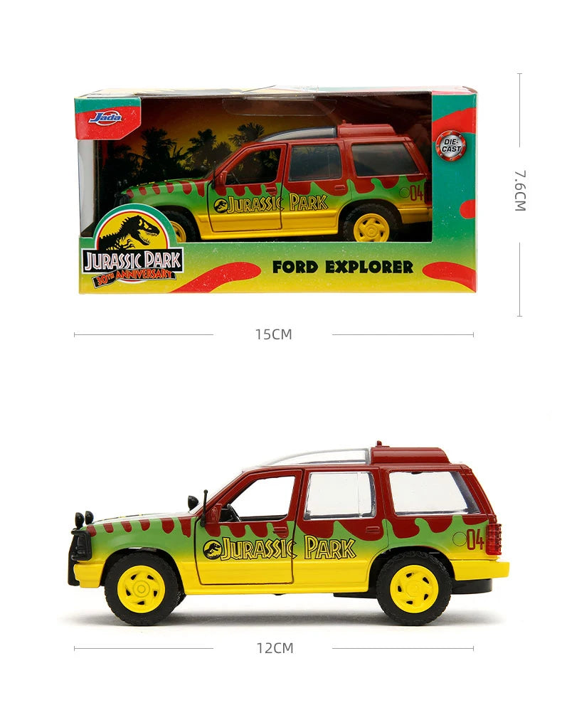 A diecast collectible model of a Jurassic Park themed Ford Explorer tour vehicle in green and yellow.