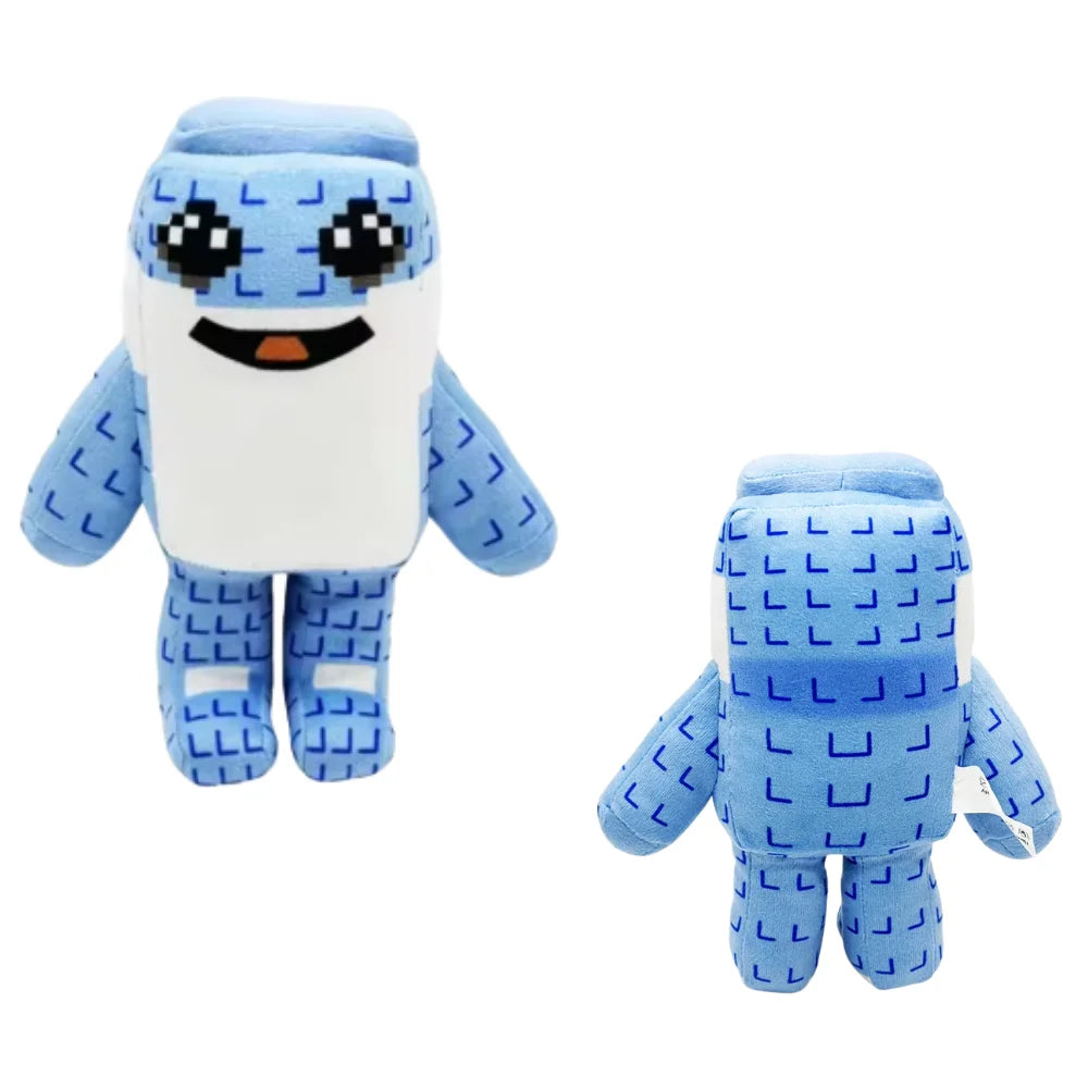 Poupée en peluche de couleur bleu clair avec de grands yeux et un sourire.