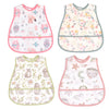 A set of four cute cartoon waterproof baby bibs in various floral and animal patterns.