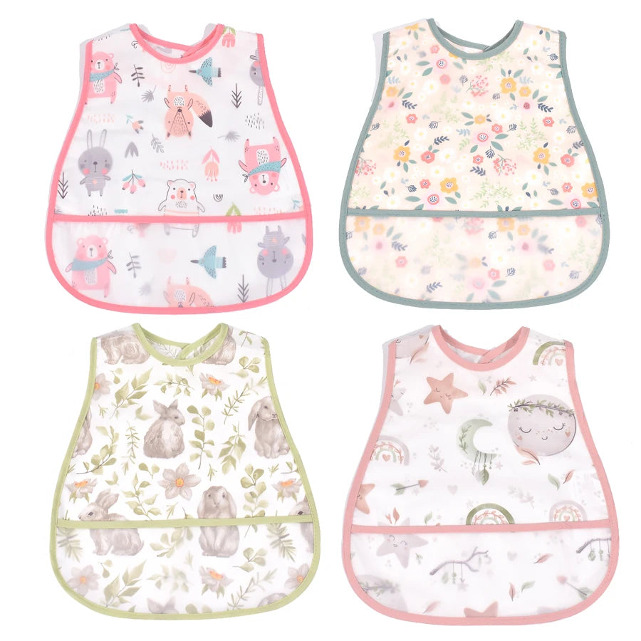 A set of four cute cartoon waterproof baby bibs in various floral and animal patterns.