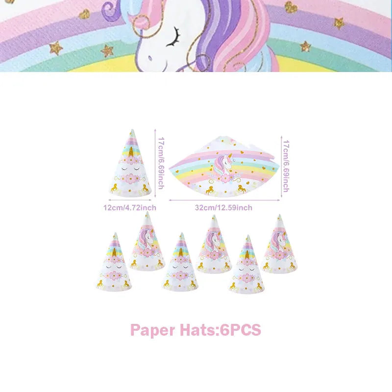Six paper hats featuring a unicorn design for a girls' birthday celebration