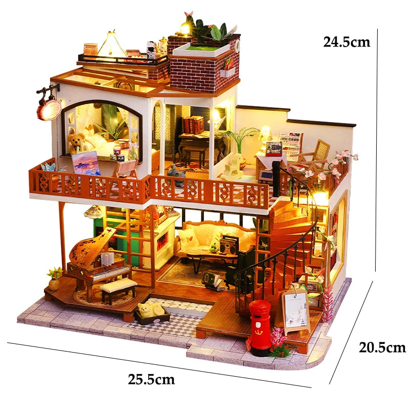 A wooden 3D puzzle dollhouse kit depicting a magical city castle with detailed interiors and exterior features.