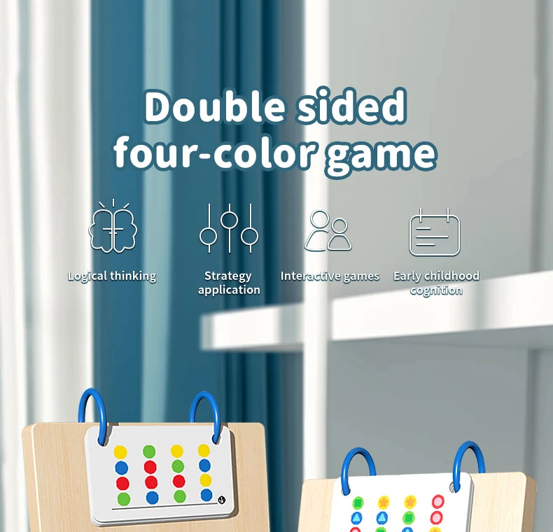 A wooden double-sided four-color game featuring shapes and symbols for early childhood cognition.