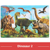 A jigsaw puzzle featuring various dinosaurs, including a Tyrannosaurus Rex and Velociraptors, set against a green landscape.