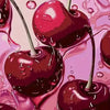 Close-up of glossy, dark red cherries with dripping juice against a pink background.