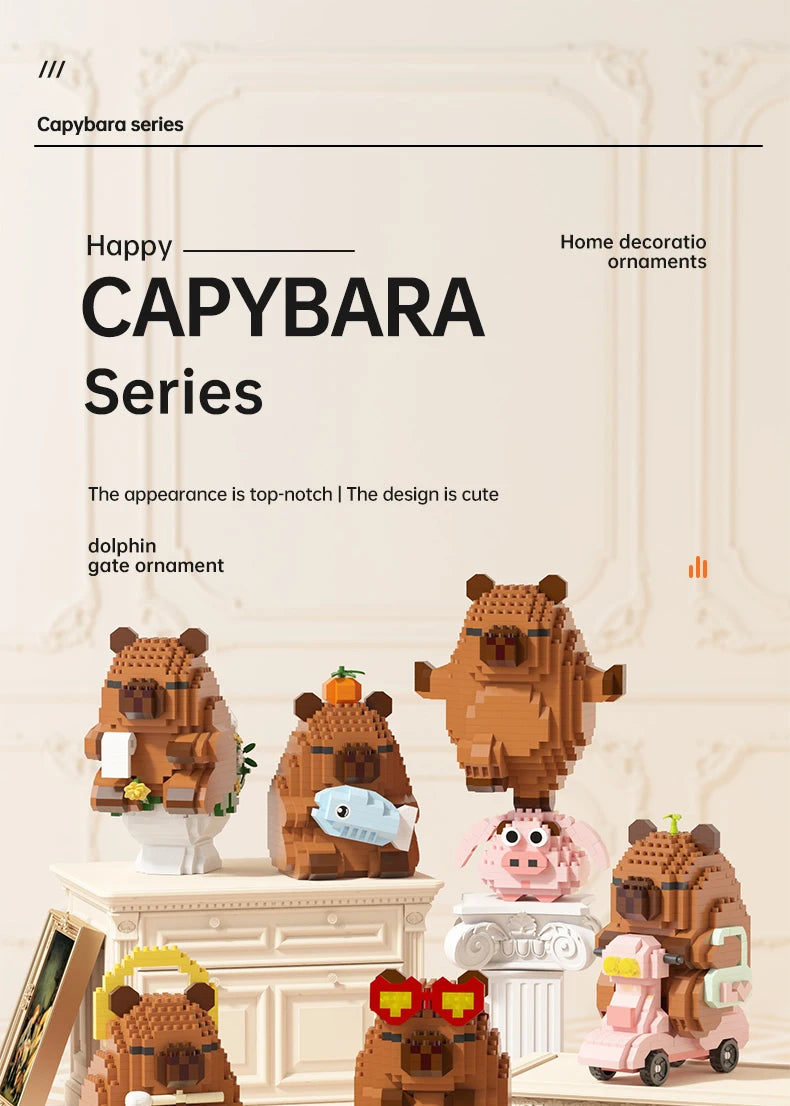 A collection of wooden Capybara building blocks and ornaments displayed on a white surface.