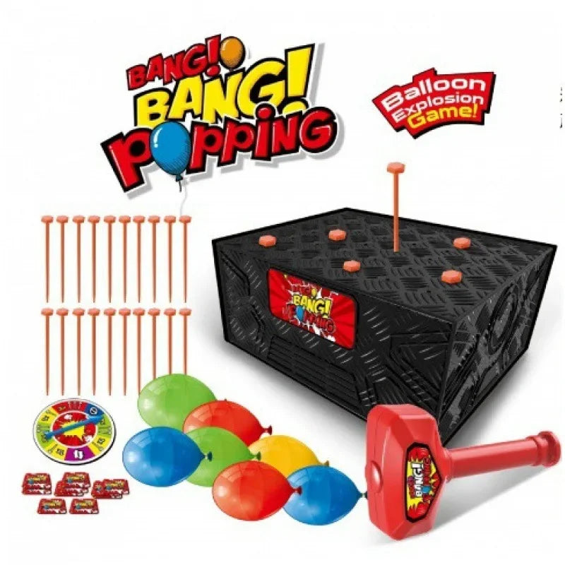 A box of Bangi Popping game components including balloons and a red mallet.