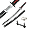 A black and red Demon Slayer anime katana sword with a silver hilt and scabbard shown in detail.