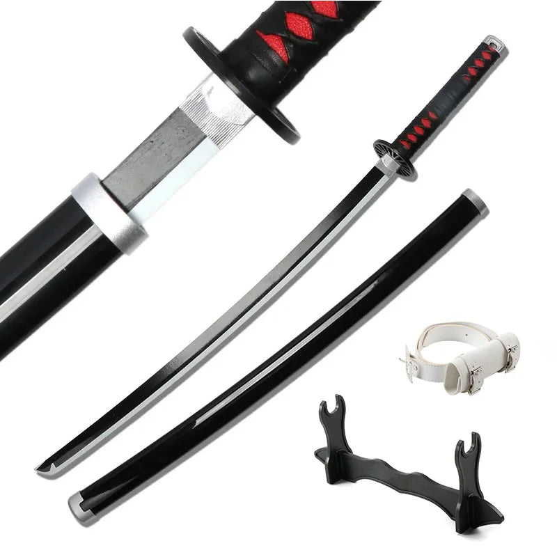 A replica bamboo katana sword with a black handle and silver blade, shown in a display context.