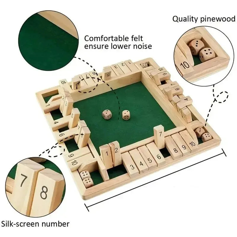 A wooden shut the box dice game set with felt board and silk-screen numbers