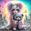 A detailed illustration of a cute girl with pink hair and a bear, set against a cityscape background.