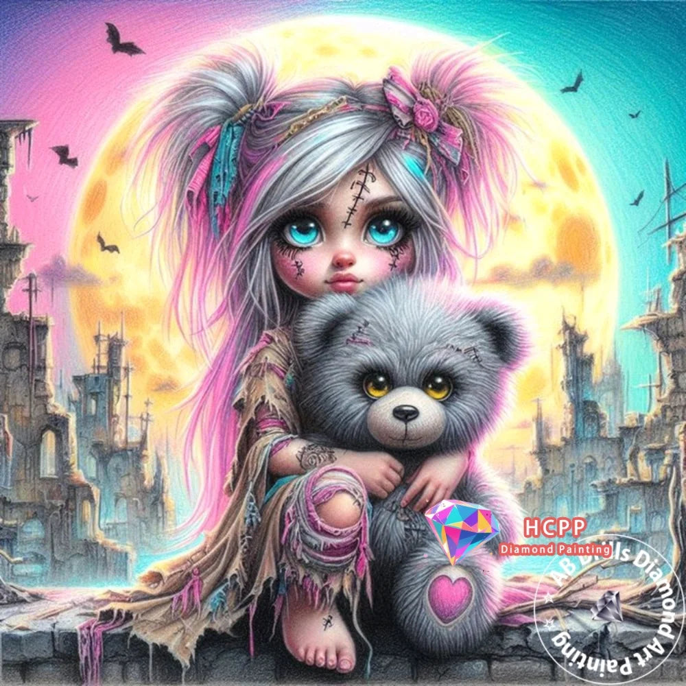 A detailed illustration of a cute girl with pink hair and a bear, set against a cityscape background.