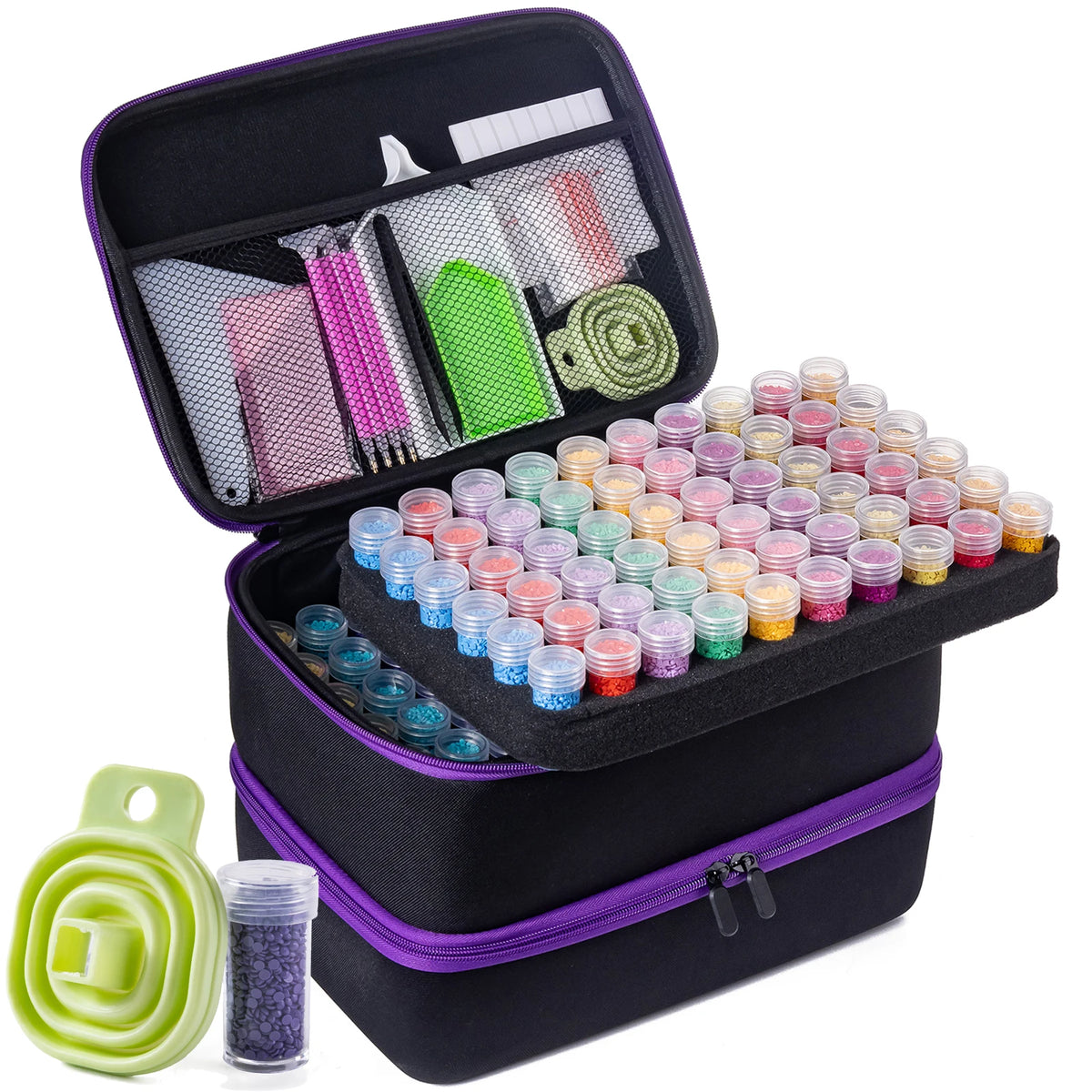 A black diamond art storage container with an open lid showing various tools and organizer trays.