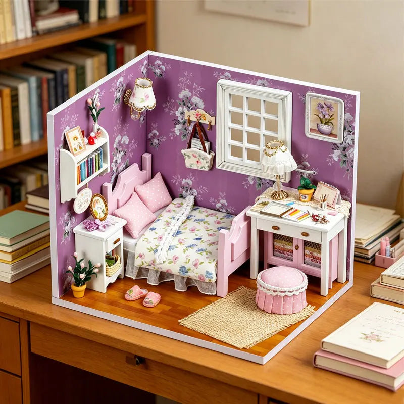 A DIY wooden miniature dollhouse kit featuring pink furniture, floral wallpaper, and decorative accessories.